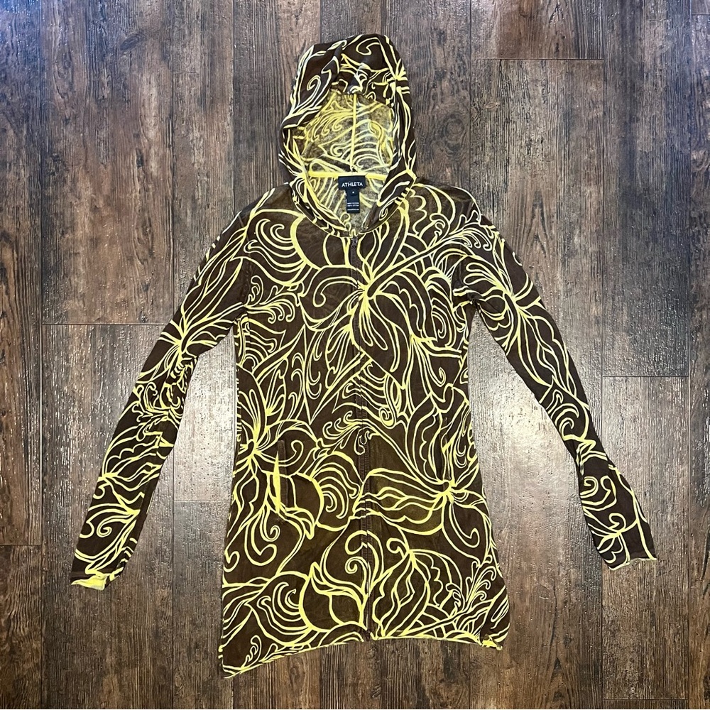 ATHLETA Womens Swim Cover Long Sleeve Zip Hoodie Brown Yellow Artsy Size Medium